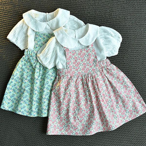 

clothing sets easter 2021 summer short-sleeve girls suspender dress baby floral skirt two-piece suit kids casual 2-6 years old, White