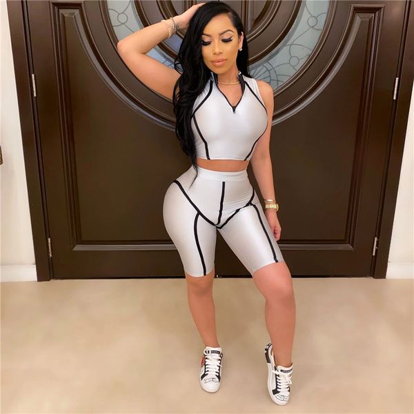 

women's skinny yoga tracksuits plus size summer pullover o neck sleeveless shorts 2pc sets for womens casual sports patchwork female su, Gray
