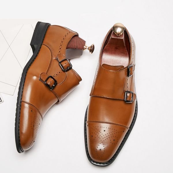 

elegant monk strap men oxford leather shoes real genuine leather men groom suit shoes heavy formal shoes brogue fashion, Black
