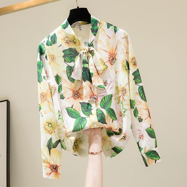 

women's blouses & shirts bow neck chiffon women summer 2021 printed long-sleeved elegant office lady outwear, White