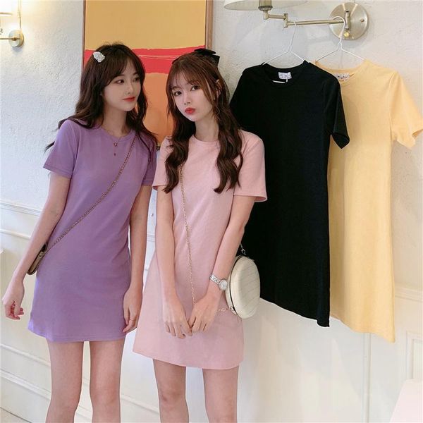 

casual dresses fashion solid color mid-length short-sleeved t-shirt women's dress waist slimming bottoming shirt clothes, Black;gray