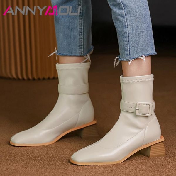 

boots annymol square toe woman med heel ankle thick shoes buckle short ladies autumn winter beige large size 43, Black