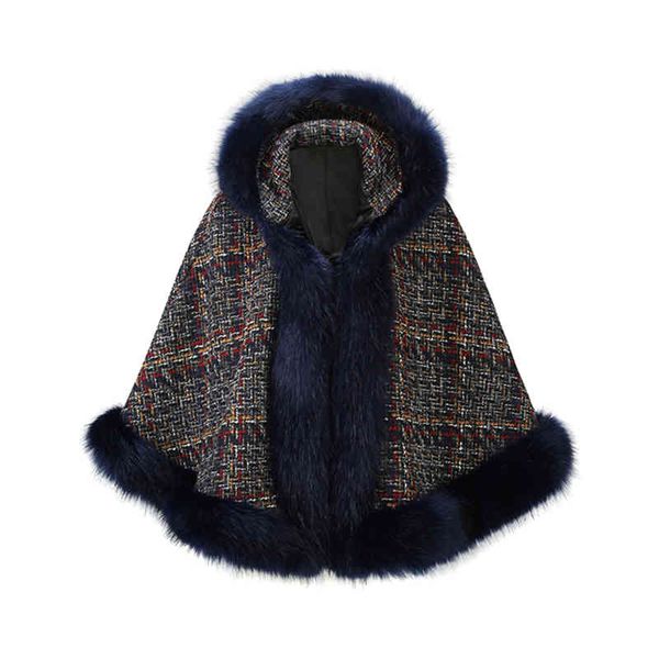 

women's wool & blends winter plus velvet poncho women faux fox fur collar hooded korean cape big pendulum dovetail cloak warm thic, Black