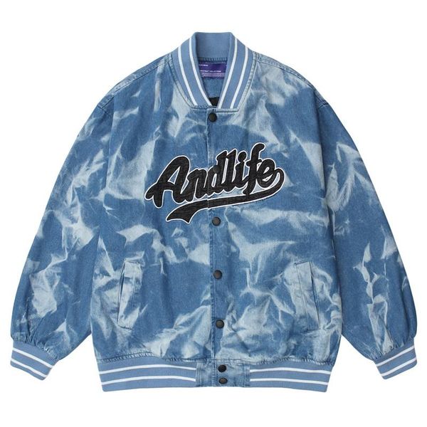 

men's jackets men harajuku jean jacket letter embroidery college denim baseball coat 2021 hip hop oversized streetwear korean retro, Black;brown