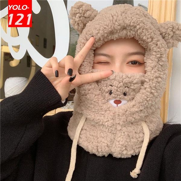 

beanies cute all-match with mask bear hat female winter thick plush bib biking earmuffs hats for women fashion bonnets wholesale