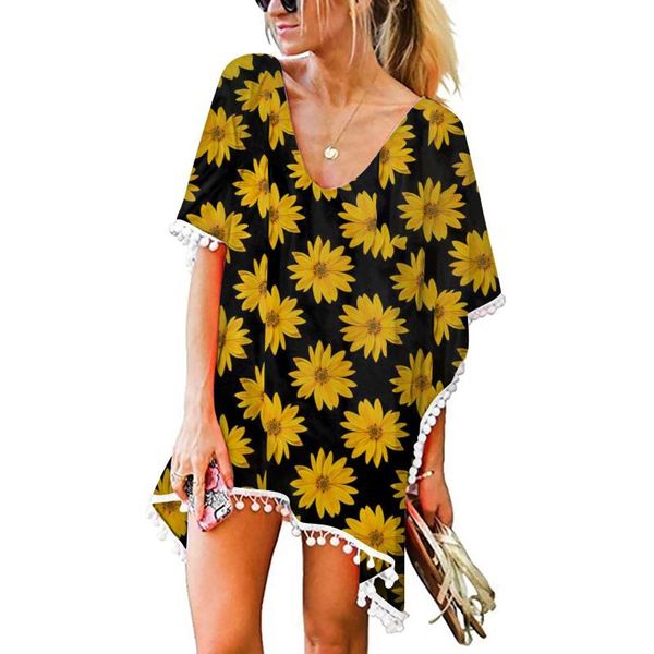 

summer women's cover-ups swimsuit printed trim kaftan chiffon tassels swimwear beach loose bikini cover up bathing suit, White;black