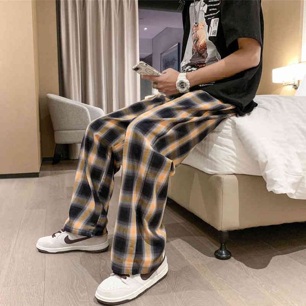 

men's pants summer thin plaid fashion casual men streetwear korean loose hip-hop straight wide-leg mens trousers reez, Black