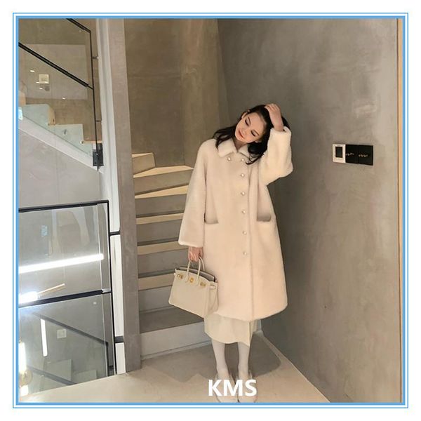 

women's fur & faux kms medium-length lamb coat with composite full pelt winter for women s/m, Black