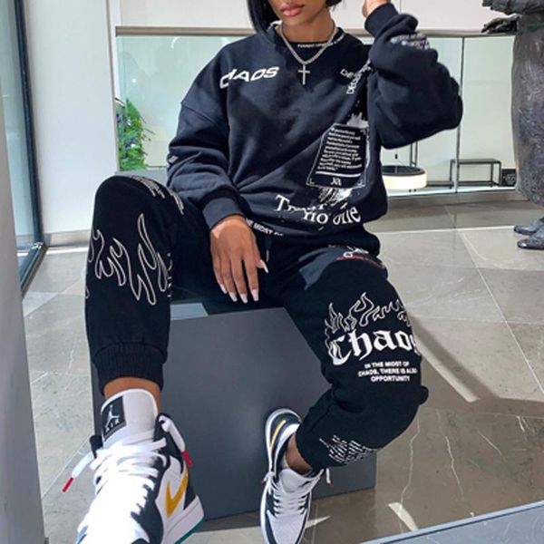 

women's two piece pants letter print o neck sweatshirt pullover and long suit fashion sportwear tracksuit sets autumn winter outfits, White