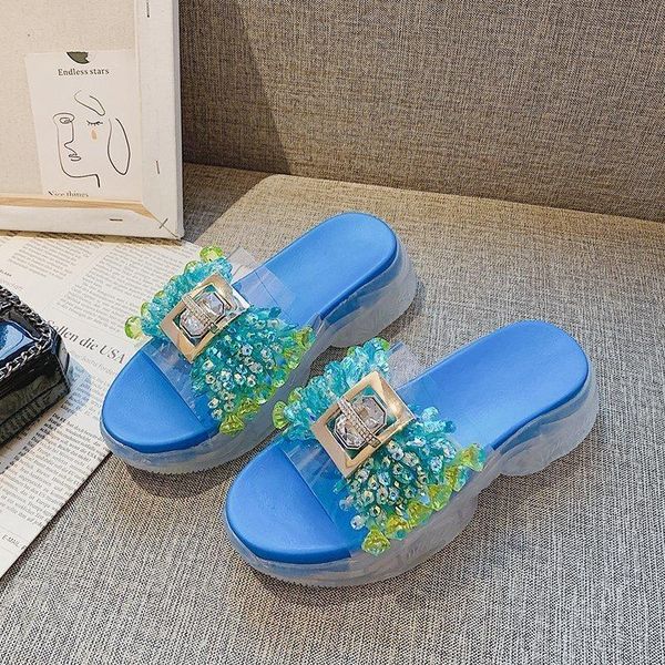 

slippers 2021 women colorful crystal slides transparent sole flower design bling diamond wedge slipper outdoor platform summer shoes, Black