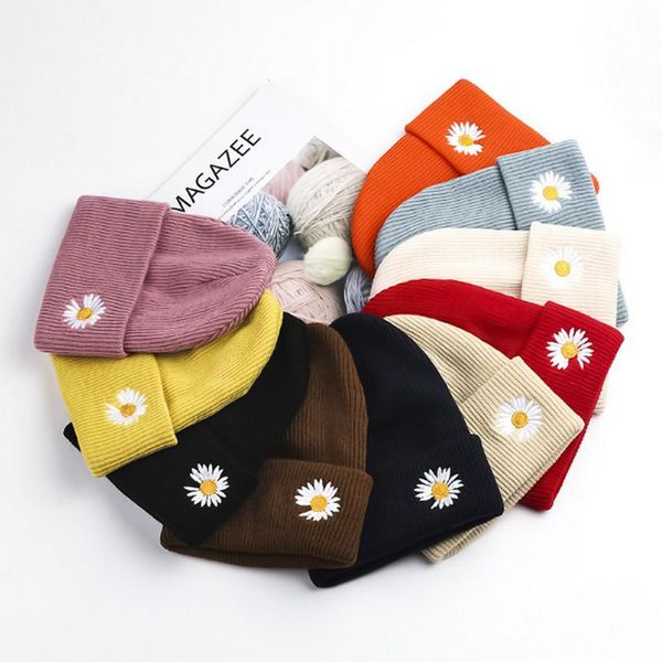 

outdoor hats men women casual solid color little flower embroidery wool all-match winter warm knitted hat korean caps, Black;white