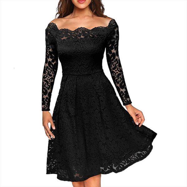 

hollow out lace womens dress off shoulder long sleeve tight waist party midi slash neck fit and flare vintage, Black;gray