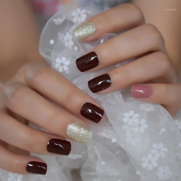 

designed fake nail short girl glitter color nails smooth square fashion manicure accessories 24pcs1, Red;gold