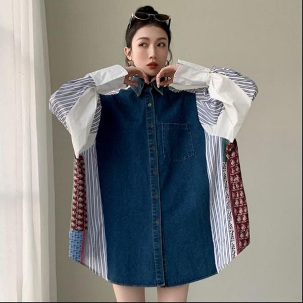 

[ewq] women dress spring female loose vintage turn down collar single breasted panelled print long sleeve straight shirt 8y047, Black;gray