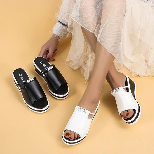

slippers on a wedge shoes ladies' low soft summer pu basic concise slides fabric rubber hoof heels rome woman 2021 slipper, Black