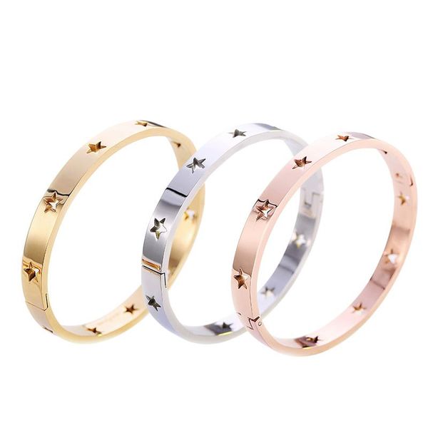 

punk titanium stainless steel stars bangle for women no fading hollow pentagram cuff bracelets & bangles gifts pulseira, Black