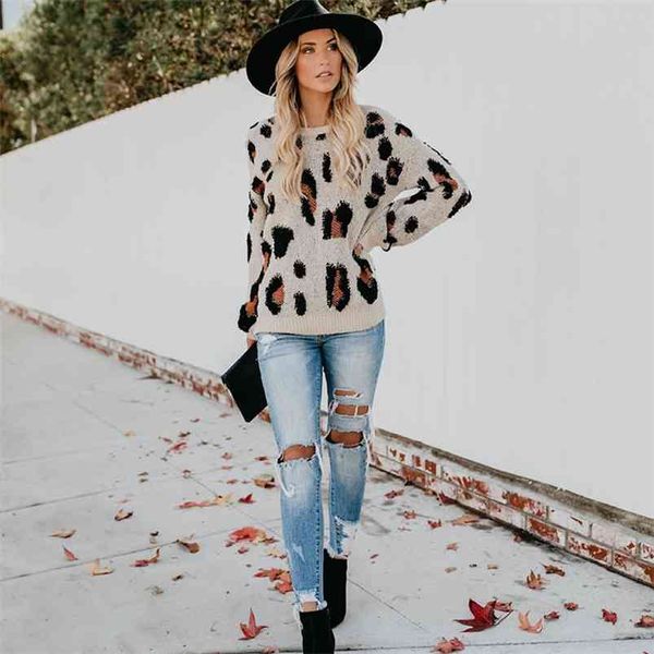 

autumn winter women's sweaters european style leopard pullover sweater loose casual female knitted gx492 210507, White;black