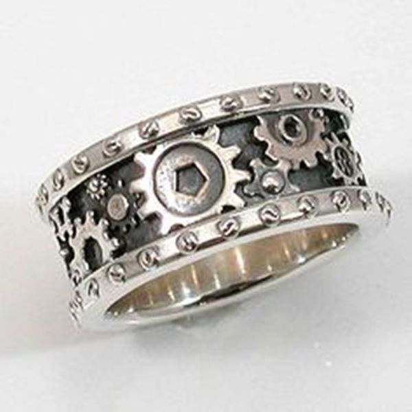 

designer rings huitan fancy gear design women band metallic hiphop party men punk rock accessories vintage jewelry wholesale, Golden;silver
