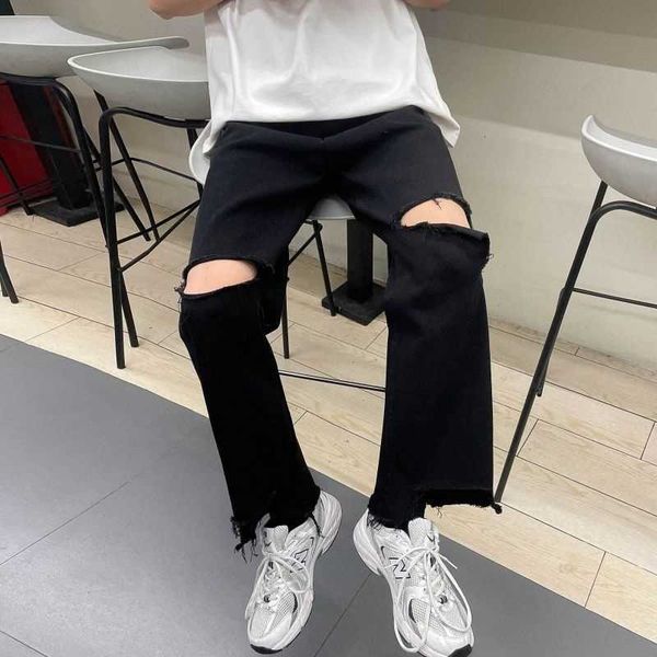 Hiphop Straight Jeans High Street Big Hole Washed Denim Hosen Sommer Trendy Herren Casual Frayed Beggar Wide Leg Hosen Lose X0621