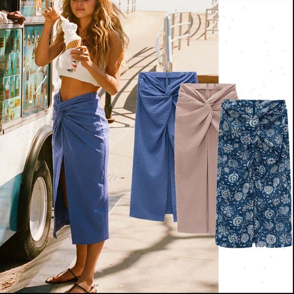

za high waist print women skirt ruched summer textured knot vintage midi blue skirts woman chic back zip slit elegant, Black
