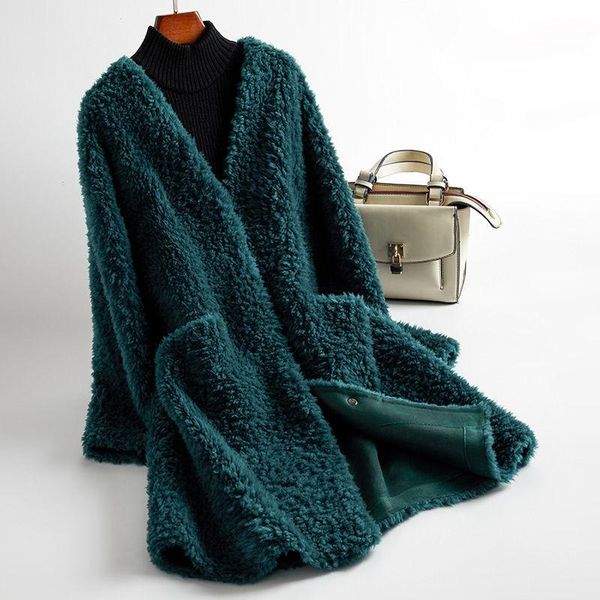 

women's fur & faux women 2021 winter fashion natural lamb coat female real sheep shearling v-neck jacket ladies plus size overcoats r02, Black