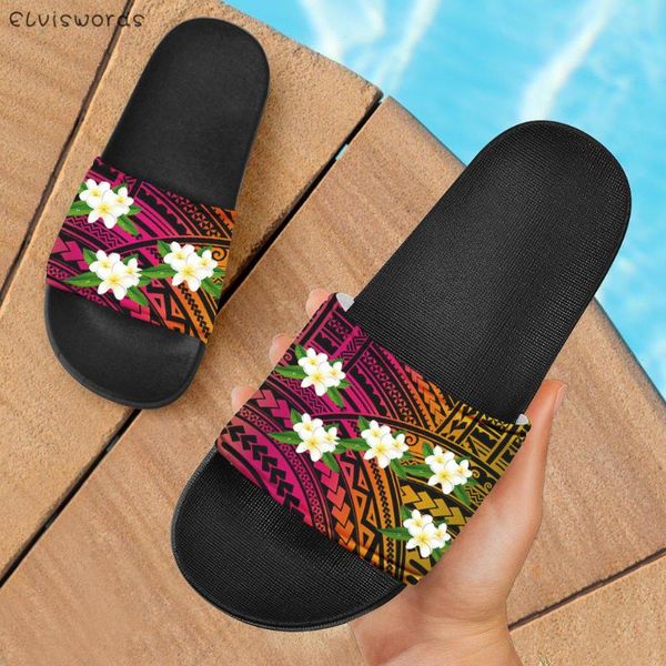

polynesian frangipani print women sandals summer home non-slip flats slides for ladies casual soft slip on girls flip slippers, Black