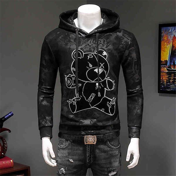 

hoodie mens hoodies bear embroidery full pullover hooded sweatshirts casual fleece streetwear black hoodie