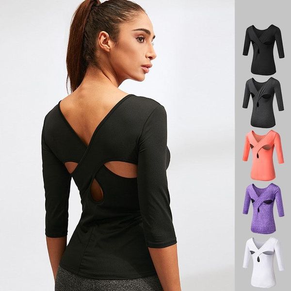 

yoga outfits holazing women's autumn sport fitness shirts cross back half sleeves gym running jogging girl blouse wt92501, White;red
