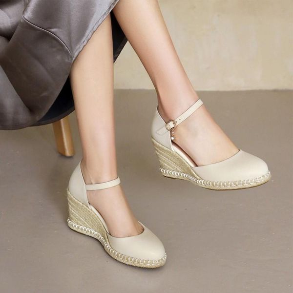 

sandals concise women summer 2022 female shoes woman covered toe ankle warp straw weaving platform wedges high heels big size 44, Black