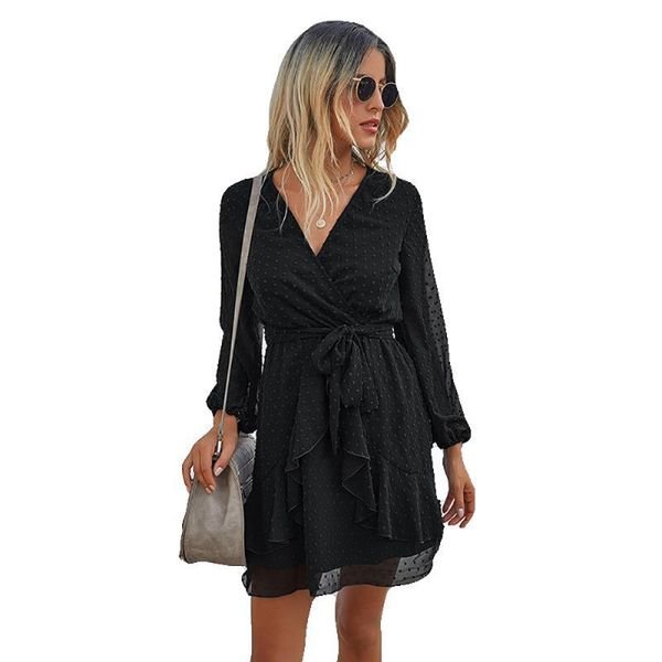 

casual dresses autumn products style fashion v-neck long sleeve solid color dress women, Black;gray