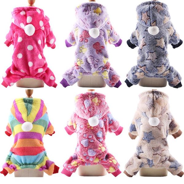 

flannel pet dog cat pajamas puppy jumpsuit four-legged hood jacket rainbow striped hoodies outfit apparel