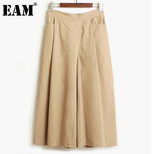 

[eam] asymmetrical pockets high elastic wide leg waist trousers loose ankle-length pants women spring summer 1dd8198 210512, Black;white