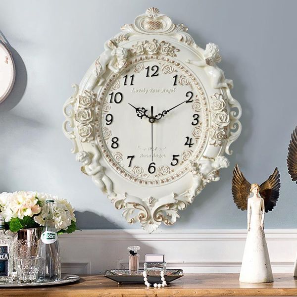 

wall clocks european white clock relief bedroom living room round shape resin home decoration mute digital pointer pocket watch