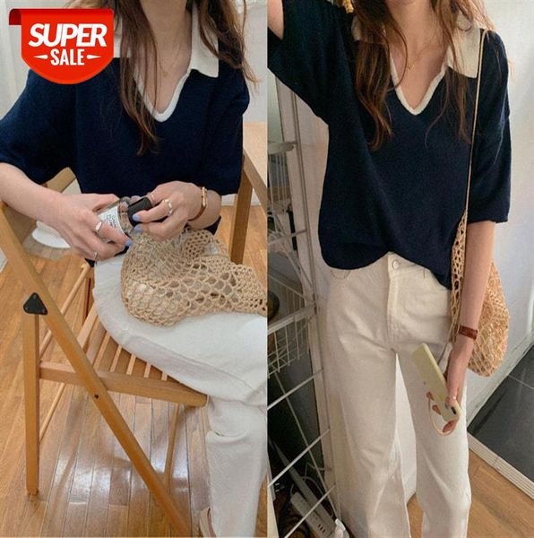 

cool summer color matching collar loose short-sleeved knit #bj9r, Black
