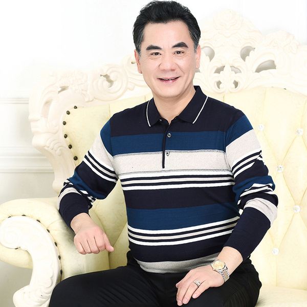 

spring autumn men's long sleeve t-shirt lapel thin middle-aged and elderly leisure dad's bottom shirt, Black