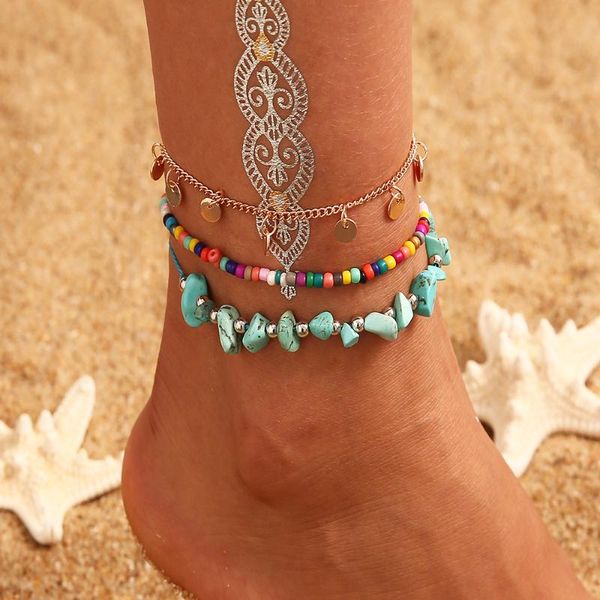 

anklets bohemian beads for women handmade leather woven foot jewelry summer beach barefoot bracelet ankle on leg, Red;blue
