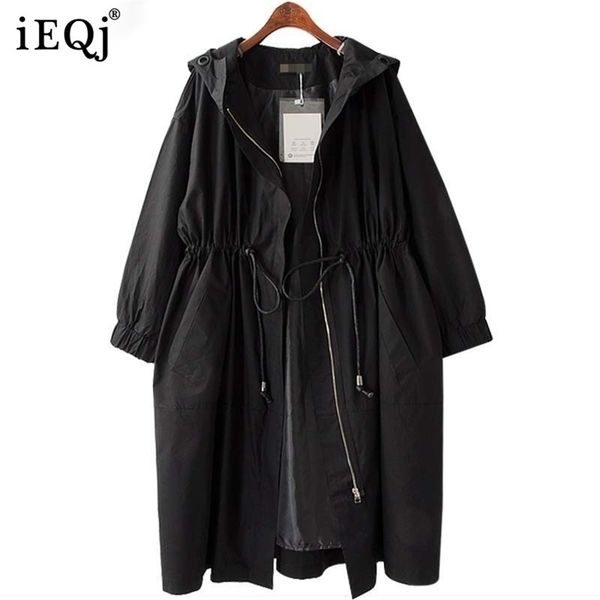 

casual windbreaker women ieqj fashion spring autumn long sleeve hooded collar adjustable waist patchwork pockets ac641 211026, Tan;black