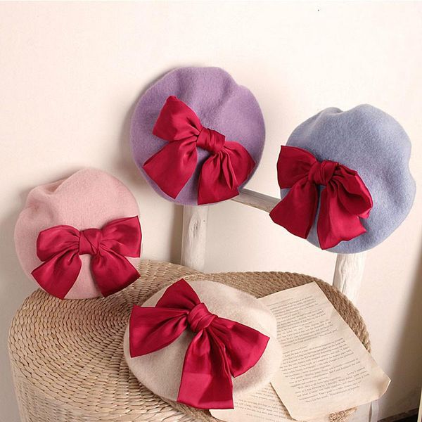 

caps & hats 2-6 years infant baby girls berets solid candy color big bowknot for daily party wear retro accessories, Yellow