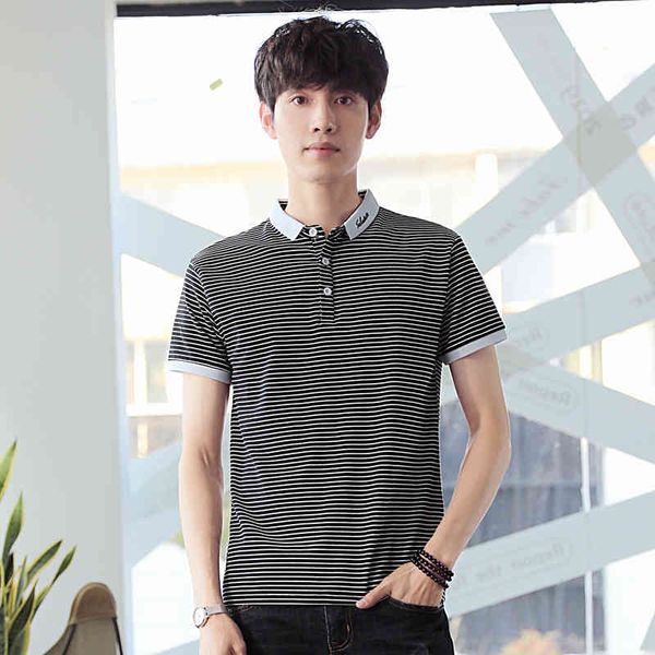 

summer 2020 t-shirt mens new short sleeve browon striped tshirt casual embroidery slim lapel t shirt men's clo, White;black