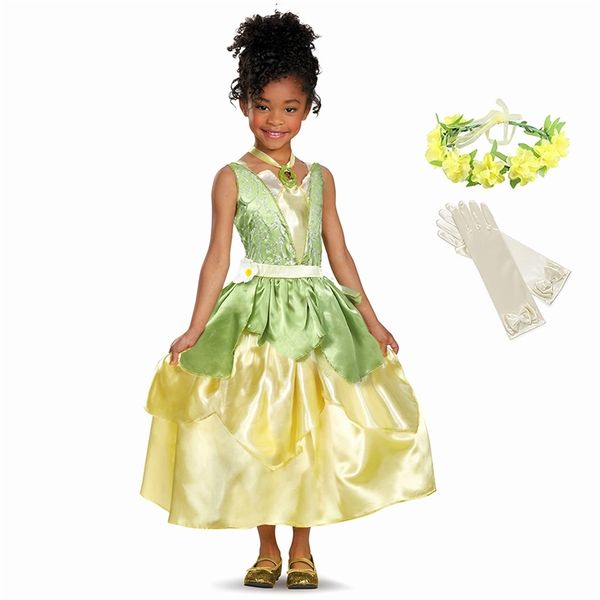 Ragazze Principessa Tianna Dress up Costume Bambini Cosplay Principessa e rana Abbigliamento Bambino Festa di compleanno Halloween Fancy Ball Gown 210331