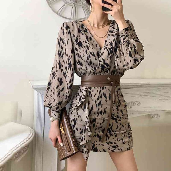 

two piece dress leopard print spring mini women vintage lantern sleeve v-neck high waist with belt loose ruffles sheath bodycorn 2, White