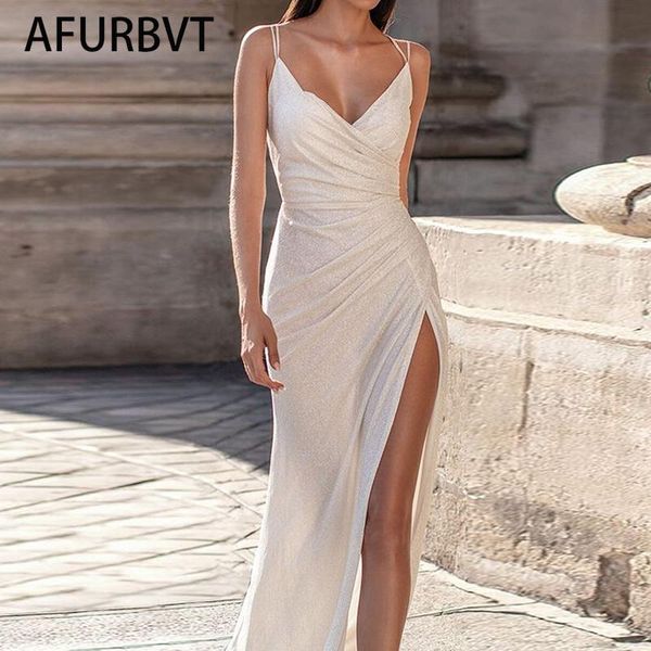 

casual dresses white backless maxi dress 2021 summer women party spaghetti strap boho split fork beach high weist chiffon vestidos, Black;gray