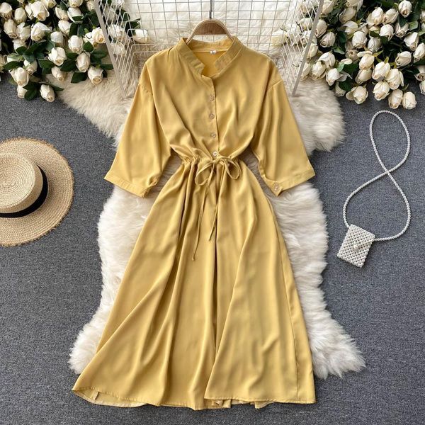 

commuter women's 2021 temperament vestidosv collar-breasted lace-up waist slimming simple pure color slim midi dress 812 casual dresses, Black;gray