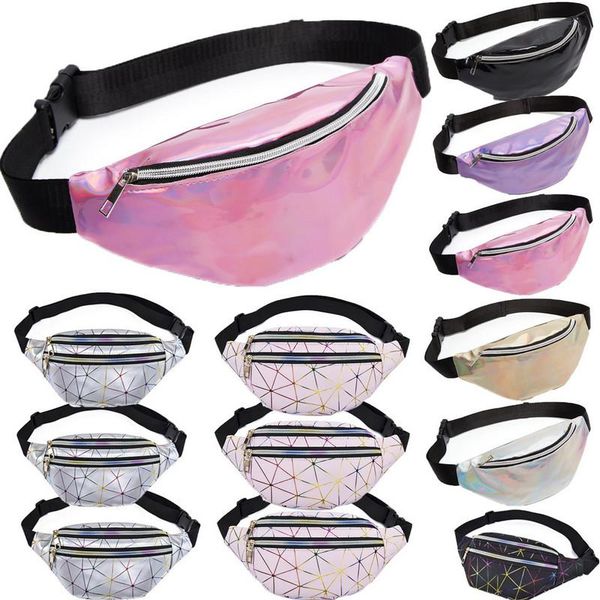 

lingge holographic waist bags women pink silver fanny pack female belt bag black geometric packs laser phone pouch