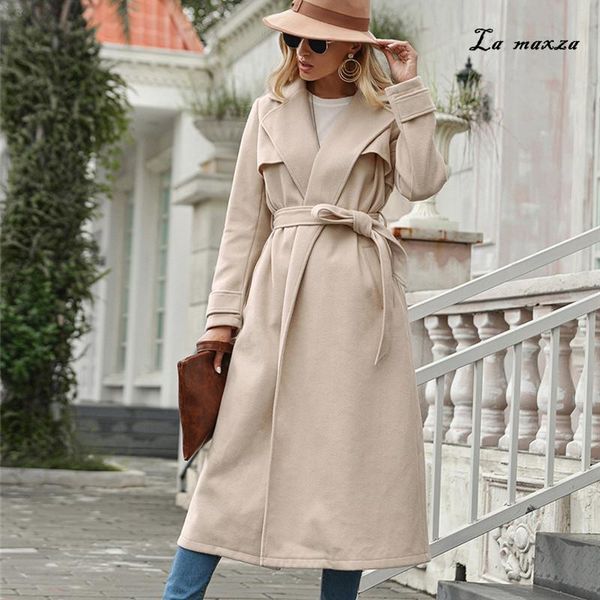 

women's wool & blends casual ol women woolen coat 2021 winter fashion elegant open stitch belt loose long, Black