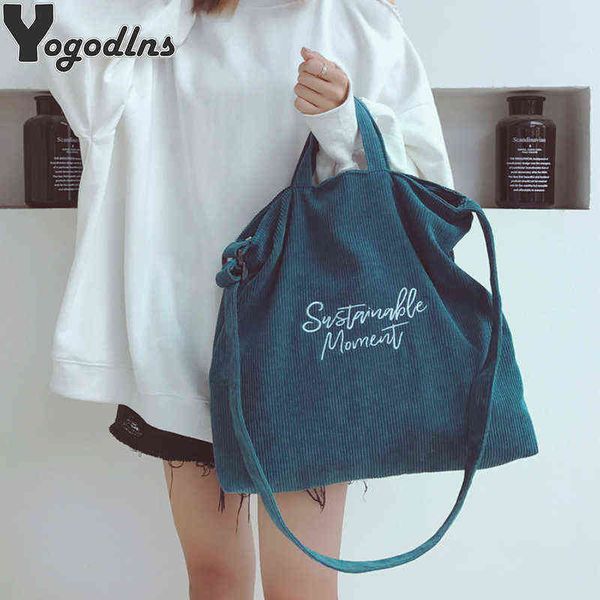 

shopping bags women large capacity shoulder ladies casual corduroy tote soft crossbody striped cloth books handbag220307