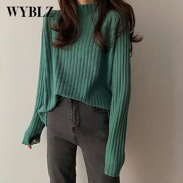 

women's sweaters wyblz casual loose knitted sweater half high collar long sleeve pullover female solid 2021 korean fashion, White;black
