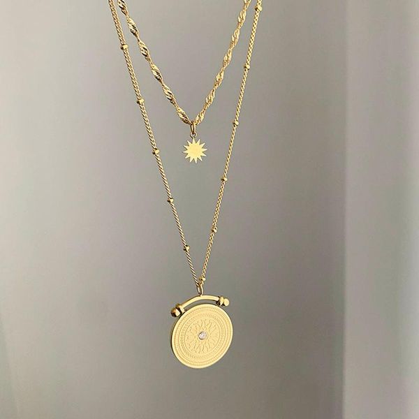 

vintage geometric double-layer sun flower pendant necklace temperament metal texture sweater chain women fashion jewelry necklaces, Silver