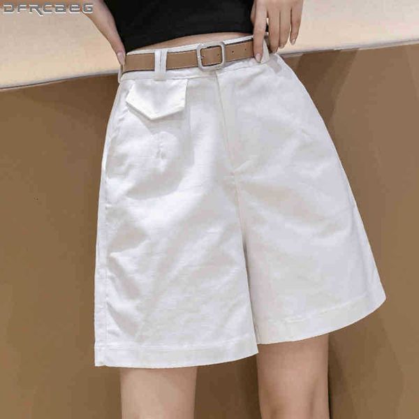 

women's shorts high waist cotton and linen for women belt summer loose wide leg bermudas mujer khaki black or white fem iqml, White;black