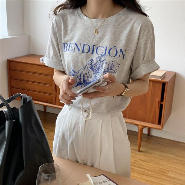 

women's t-shirt korean style causal vintage gray letters printed loose simple short sleeve women 2021 summer t-shirts, White